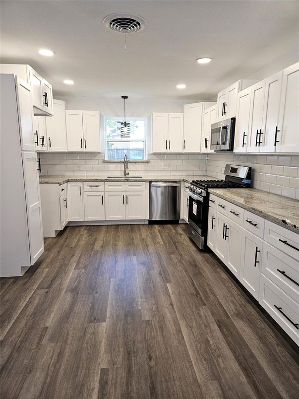 Interior, Kitchen, Pendant Lights, Recessed Lighting, Stainless Steel Appliances, Wood Texture Flooring