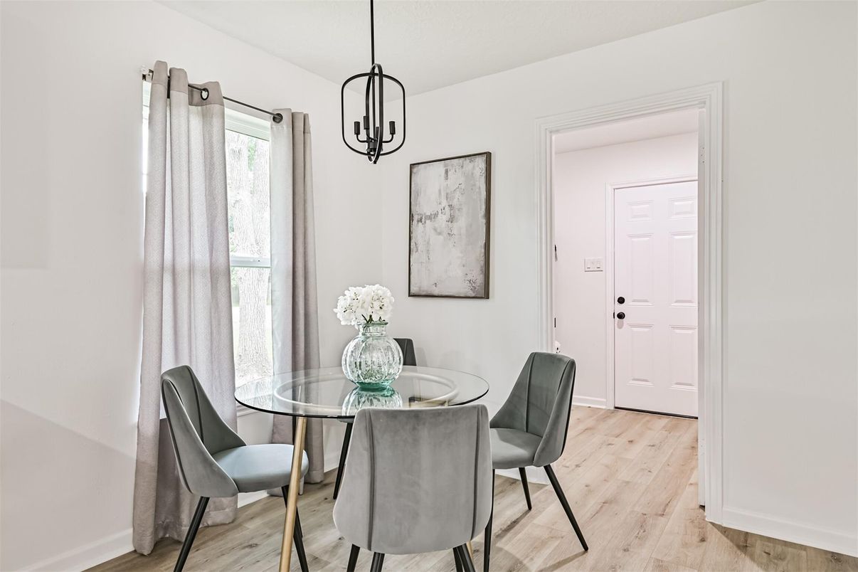 Dining room, Interior, Pendant Lights, Wood Texture Flooring