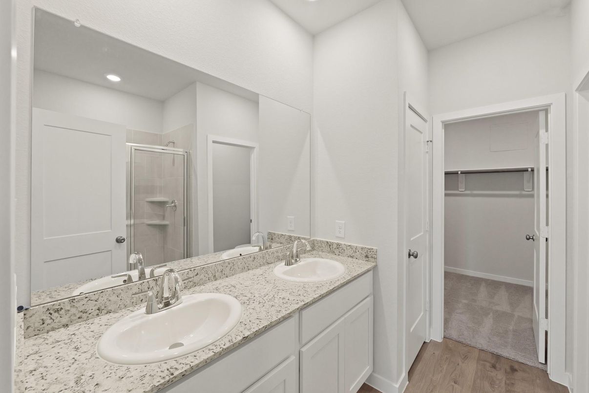 Bathroom, Dual Sink Vanities, Interior, Recessed Lighting, Wood Texture Flooring