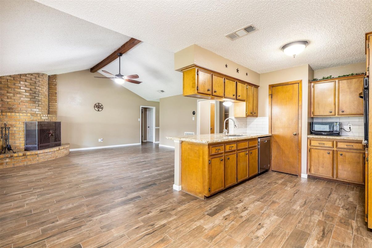 Fireplace, Interior, Kitchen, Stone Walls, Wood Texture Flooring
