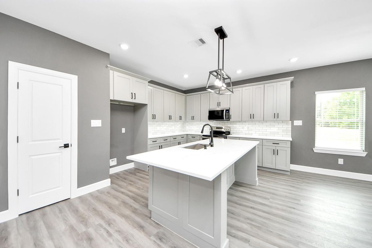 Interior, Kitchen, Pendant Lights, Recessed Lighting, Wood Texture Flooring