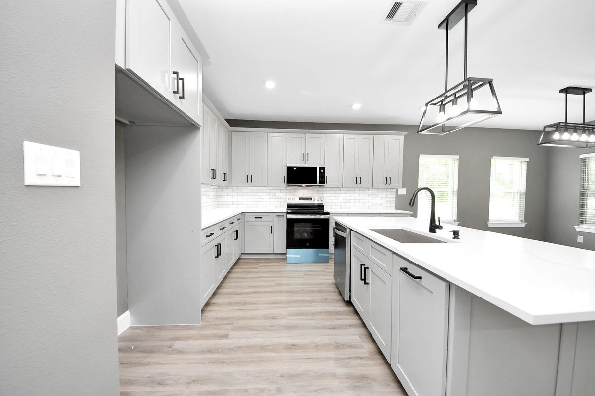 Interior, Kitchen, Pendant Lights, Recessed Lighting, Stainless Steel Appliances, Wood Texture Flooring