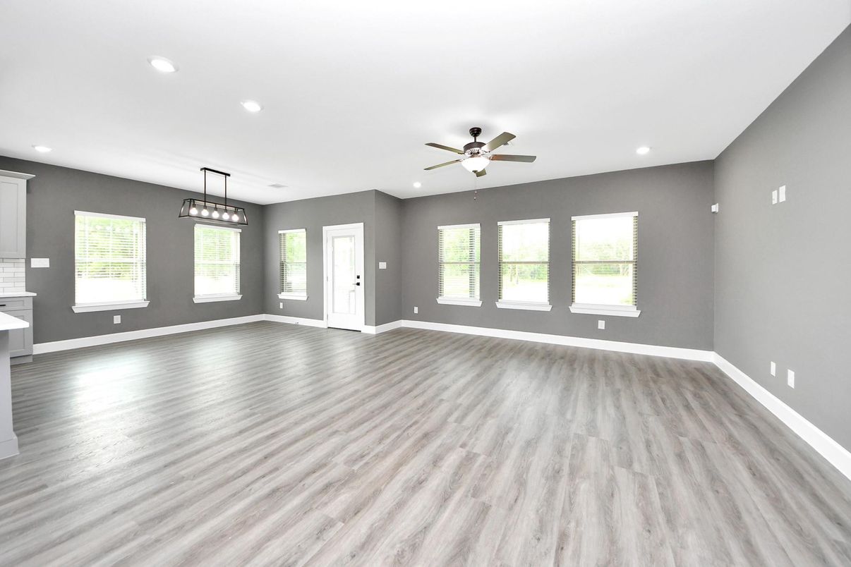 Empty room, Interior, Pendant Lights, Recessed Lighting, Wood Texture Flooring