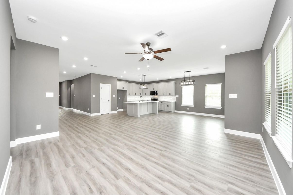 Empty room, Interior, Kitchen, Pendant Lights, Recessed Lighting, Wood Texture Flooring