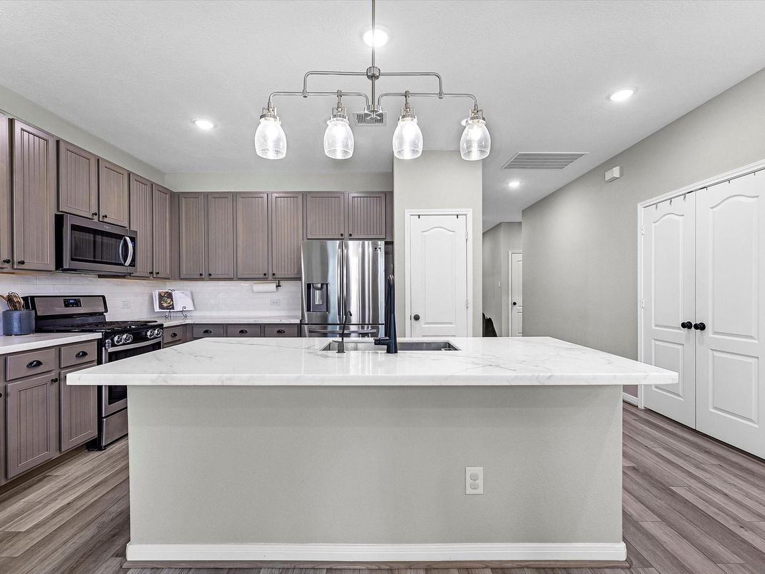 Interior, Kitchen, Recessed Lighting, Stainless Steel Appliances, Wood Texture Flooring