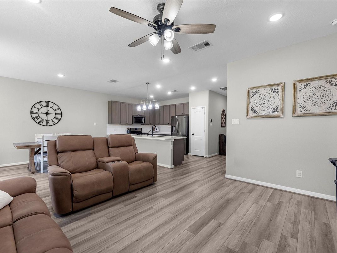 Dining room, Interior, Kitchen, Living room, Recessed Lighting, Wood Texture Flooring