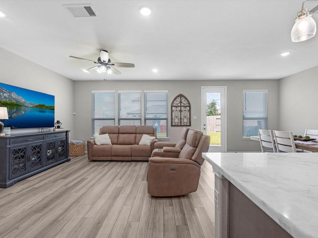 Dining room, Interior, Living room, Recessed Lighting, Wood Texture Flooring