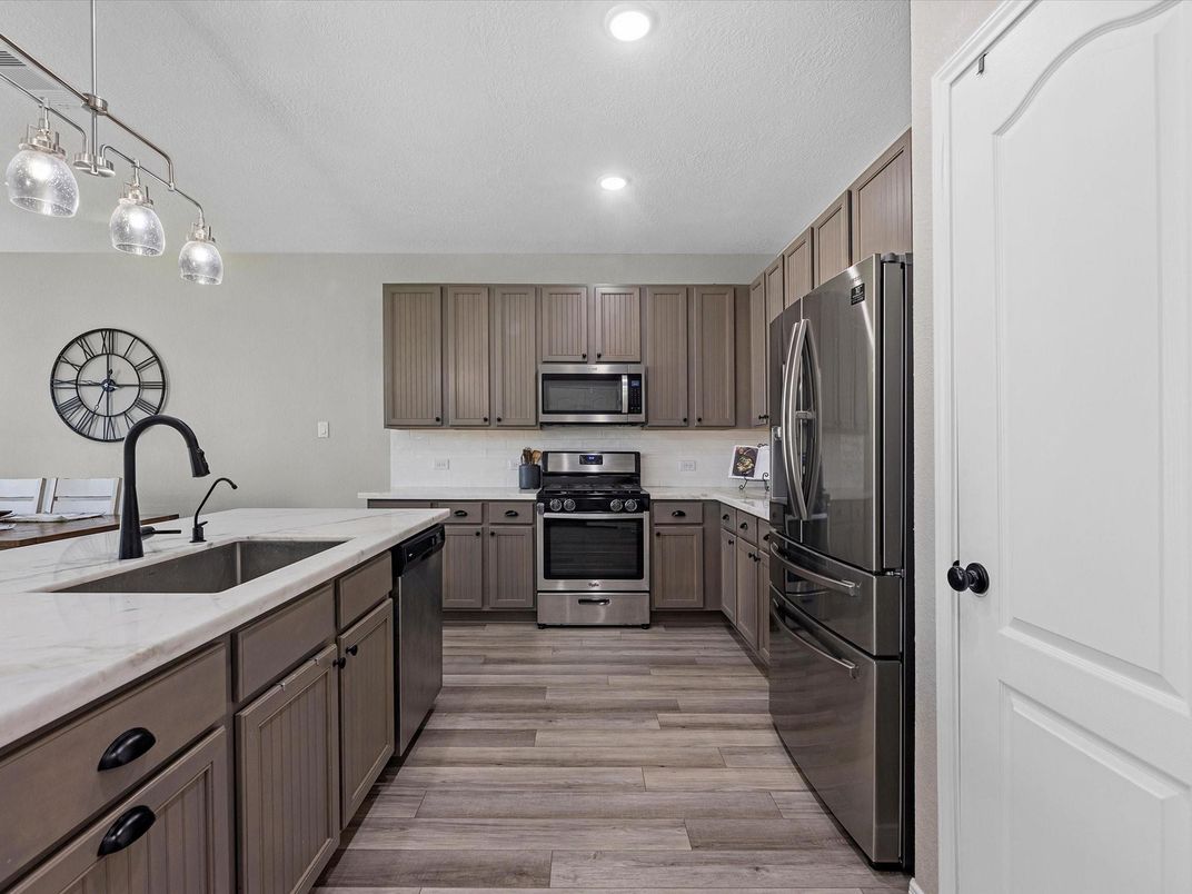 Interior, Kitchen, Recessed Lighting, Stainless Steel Appliances, Wood Texture Flooring