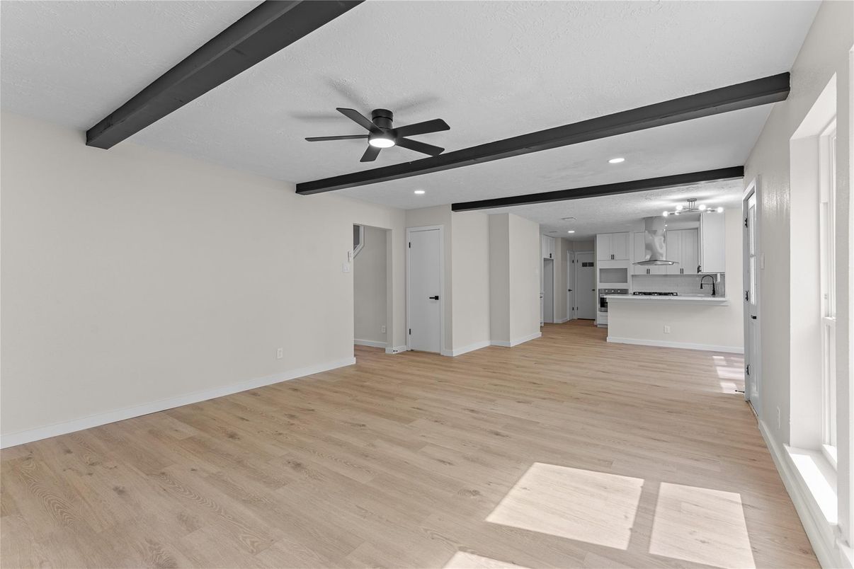 Empty room, Interior, Kitchen, Recessed Lighting, Wooden Beams, Wood Texture Flooring