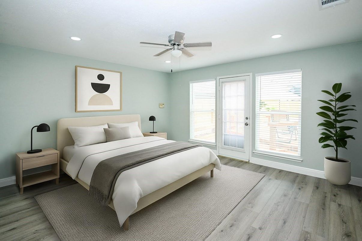 Bedroom, Interior, Recessed Lighting, Wood Texture Flooring