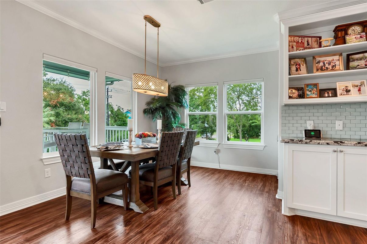 Dining room, Interior, Pendant Lights, Wood Texture Flooring