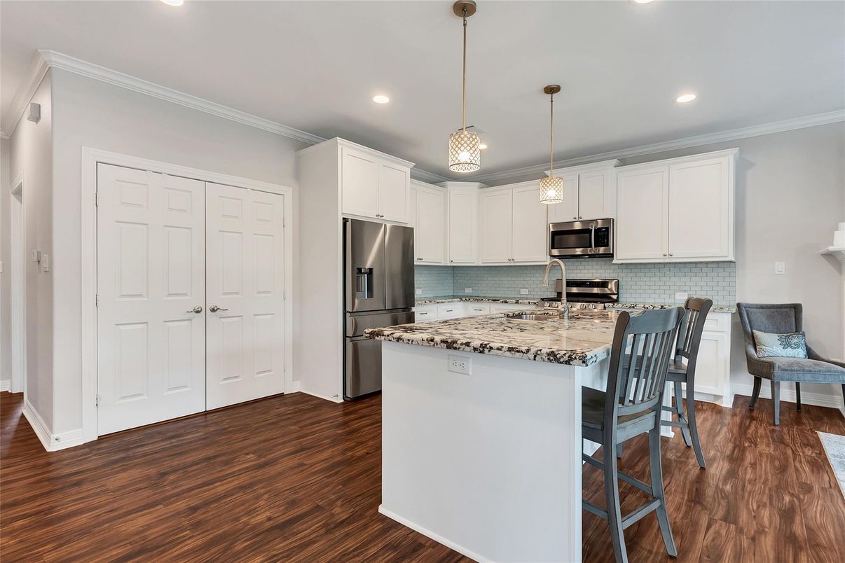 Interior, Kitchen, Pendant Lights, Recessed Lighting, Stainless Steel Appliances, Wood Texture Flooring