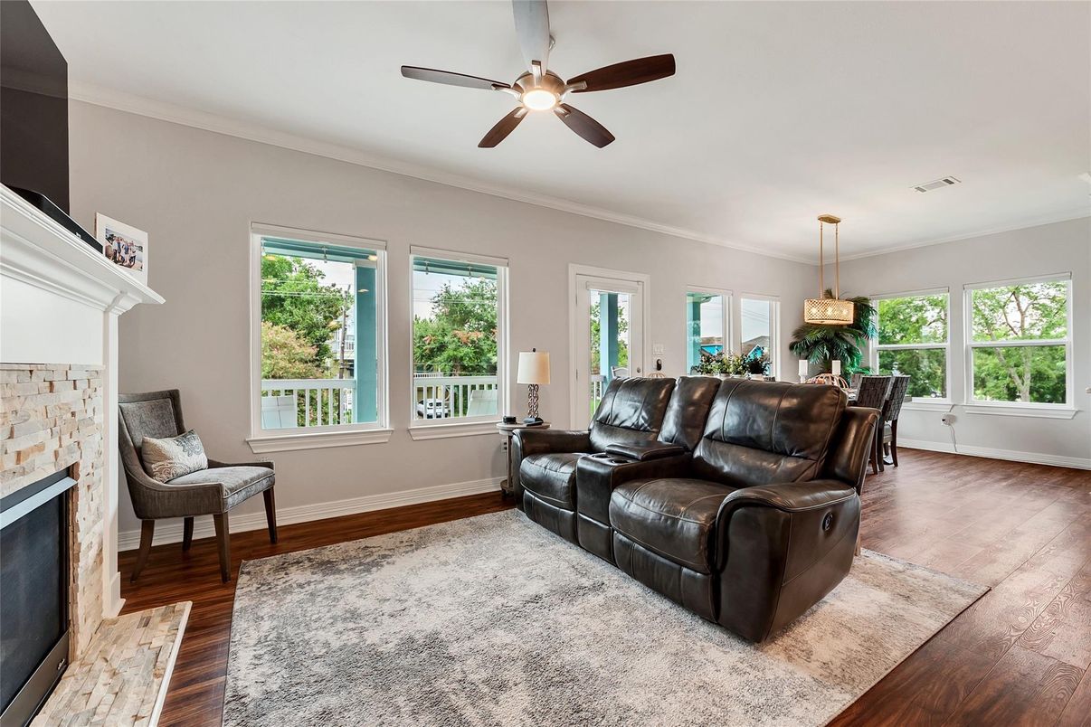 Dining room, Fireplace, Interior, Pendant Lights, Wood Texture Flooring
