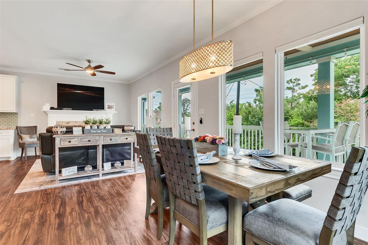 Dining room, Interior, Pendant Lights, Wood Texture Flooring