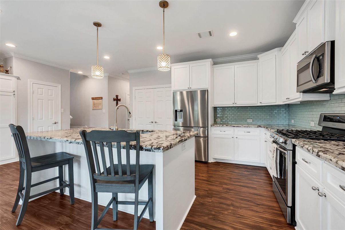 Interior, Kitchen, Pendant Lights, Recessed Lighting, Stainless Steel Appliances, Wood Texture Flooring