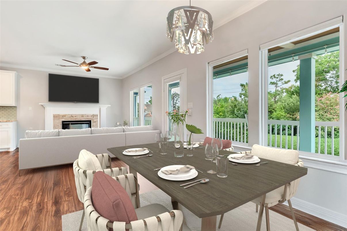 Dining room, Fireplace, Interior, Living room, Pendant Lights, Wood Texture Flooring