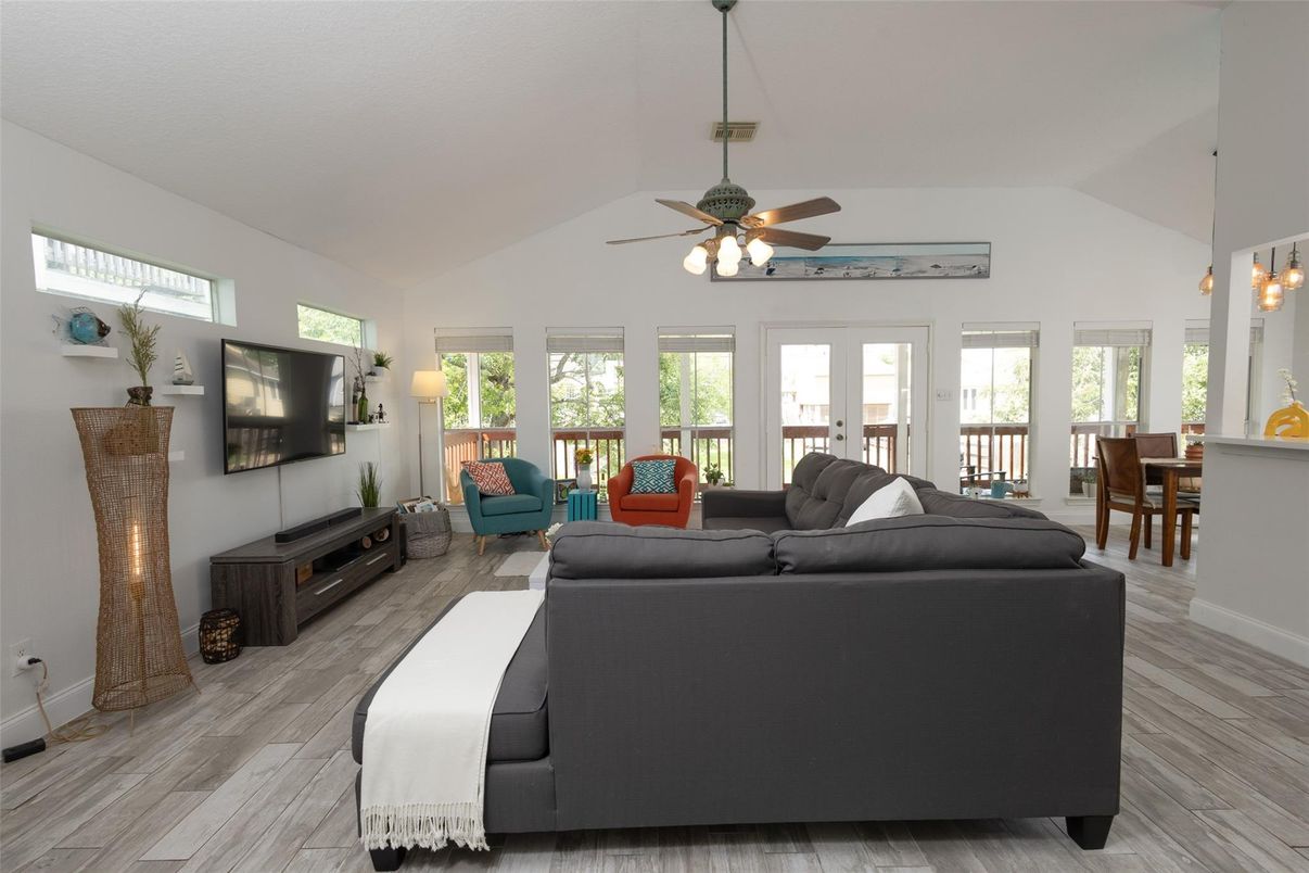 Dining room, Interior, Living room, Pendant Lights, Wood Texture Flooring