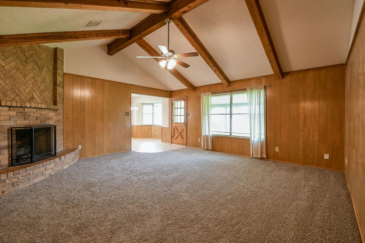 Empty room, Fireplace, Interior, Stone Walls, Wooden Beams, Wooden Walls