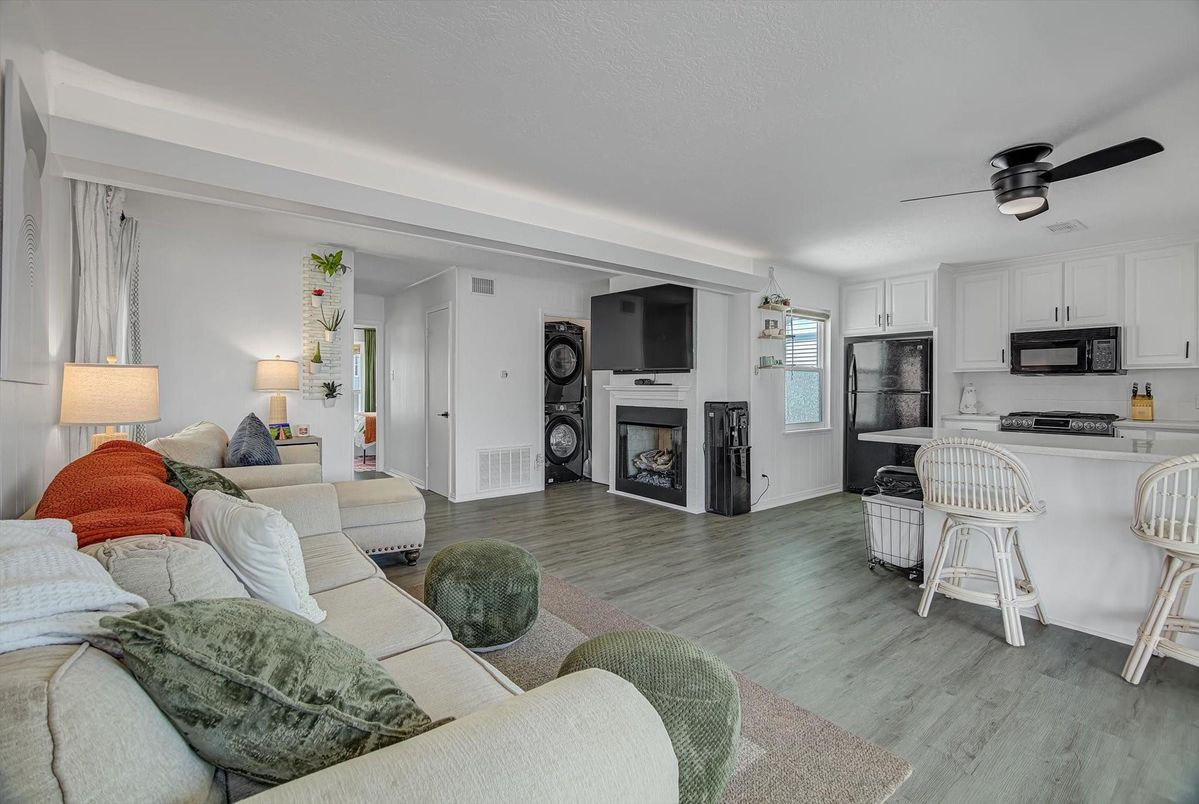 Fireplace, Interior, Kitchen, Living room, Wood Texture Flooring