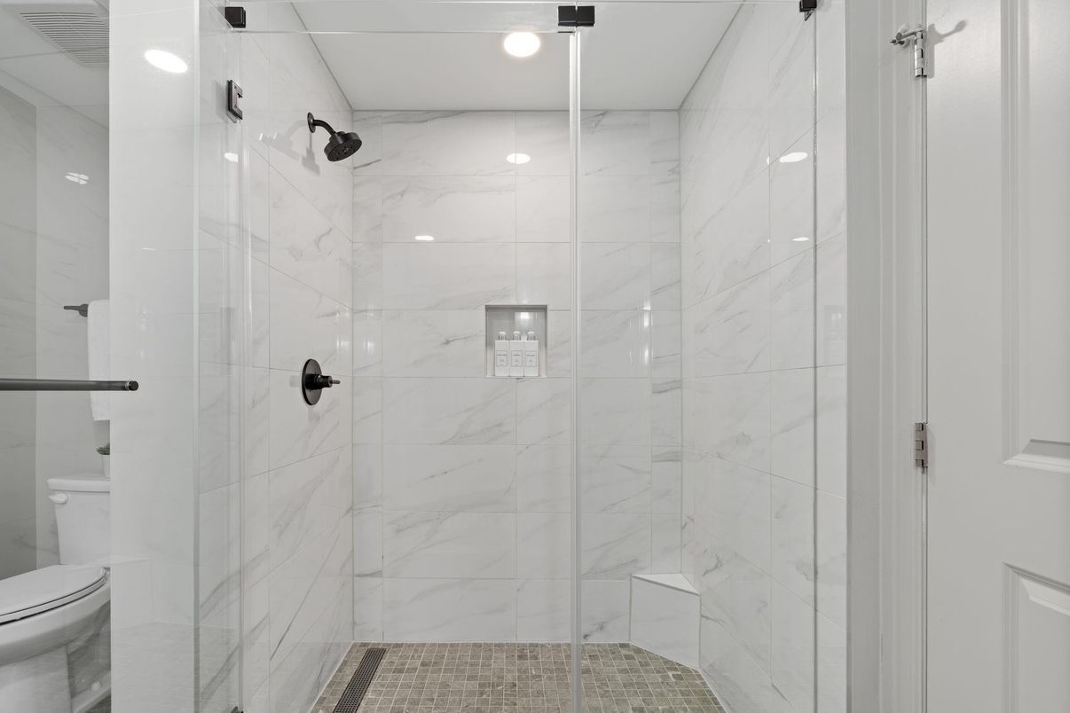 Bathroom, Glass Shower, Interior, Marble Walls, Recessed Lighting