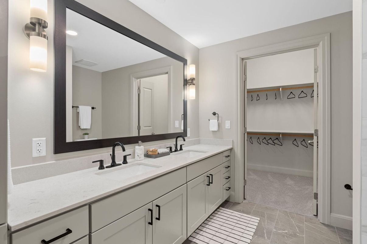 Bathroom, Dual Sink Vanities, Interior, Marble, Recessed Lighting