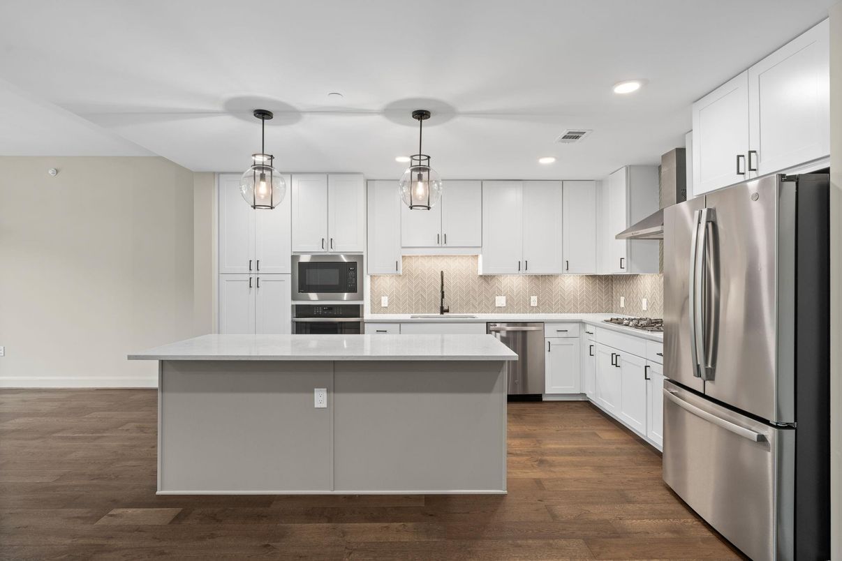 Interior, Kitchen, Pendant Lights, Recessed Lighting, Stainless Steel Appliances, Wood Texture Flooring