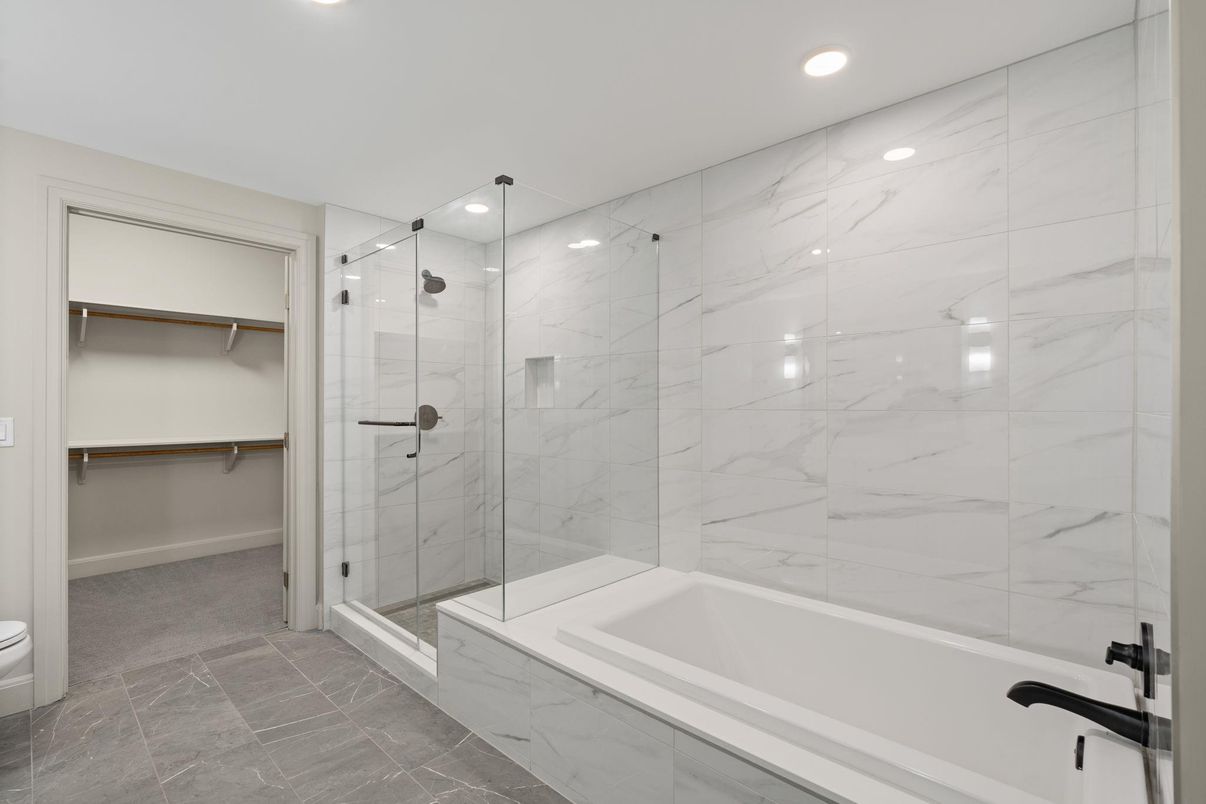 Bathroom, Glass Shower, Interior, Marble Walls, Recessed Lighting