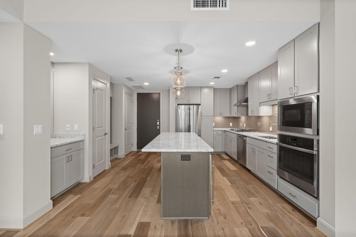 Interior, Kitchen, Pendant Lights, Recessed Lighting, Stainless Steel Appliances, Wood Texture Flooring
