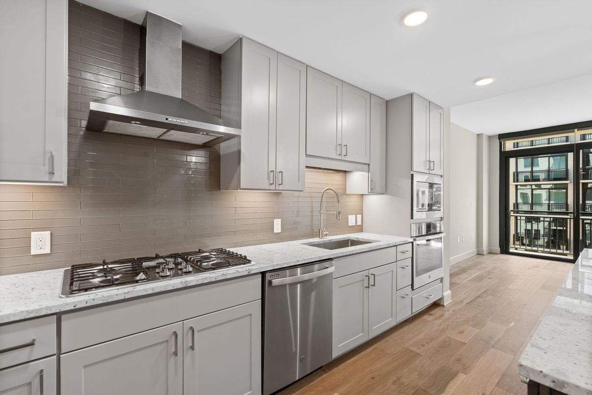 Interior, Kitchen, Recessed Lighting, Stainless Steel Appliances, Wood Texture Flooring