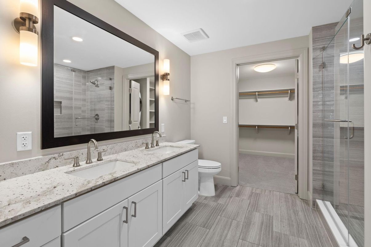 Bathroom, Dual Sink Vanities, Glass Shower, Interior, Recessed Lighting