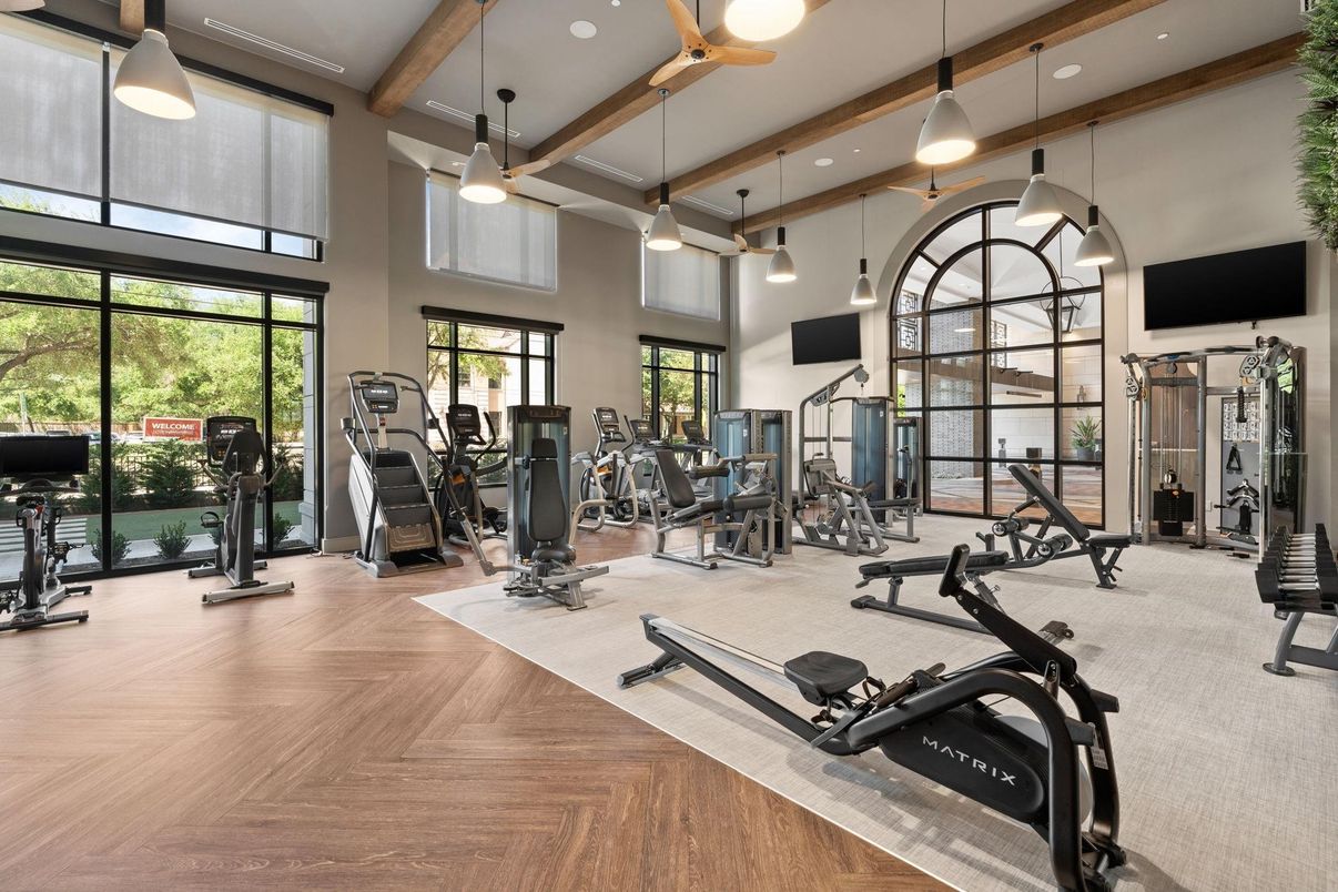 Fitness Equipment, Gym, Interior, Pendant Lights, Recessed Lighting, Wooden Beams, Wood Texture Flooring