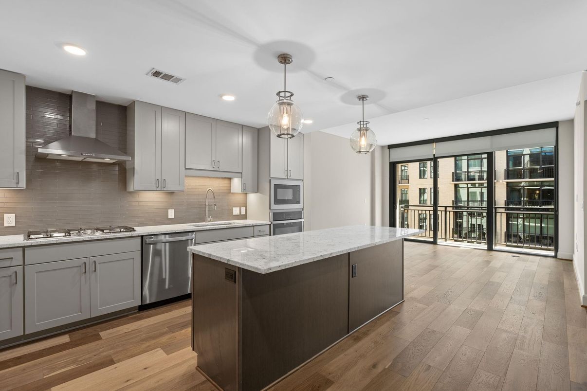 Interior, Kitchen, Pendant Lights, Recessed Lighting, Stainless Steel Appliances, Wood Texture Flooring