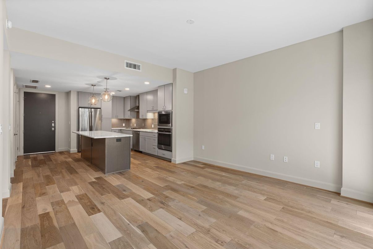 Interior, Kitchen, Pendant Lights, Recessed Lighting, Stainless Steel Appliances, Wood Texture Flooring