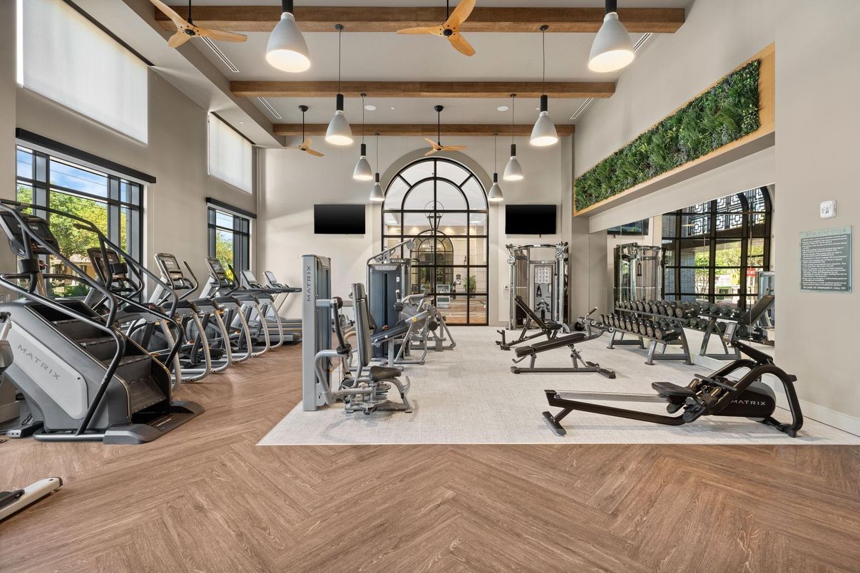 Fitness Equipment, Gym, Interior, Pendant Lights, Wooden Beams, Wood Texture Flooring