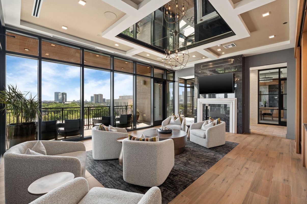 Chandelier, Fireplace, Interior, Living room, Recessed Lighting, Wood Texture Flooring