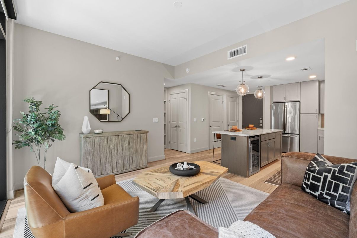 Interior, Kitchen, Living room, Pendant Lights, Recessed Lighting, Stainless Steel Appliances, Wood Texture Flooring