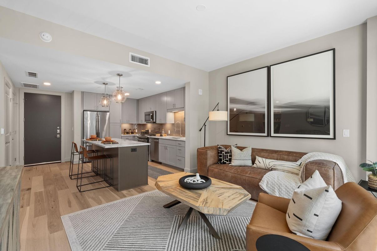 Dining room, Interior, Kitchen, Living room, Pendant Lights, Recessed Lighting, Stainless Steel Appliances, Wood Texture Flooring