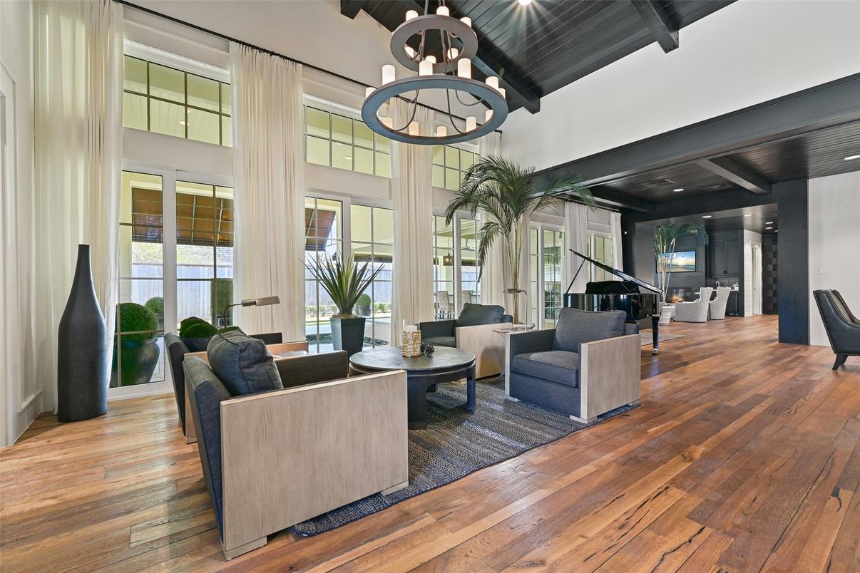 Chandelier, Interior, Living room, Piano, Recessed Lighting, Wooden Beams, Wood Texture Flooring