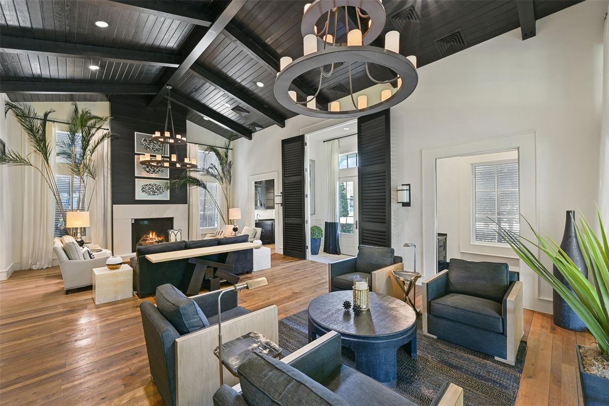 Chandelier, Fireplace, Interior, Living room, Pendant Lights, Recessed Lighting, Wooden Beams, Wooden Ceilings, Wood Texture Flooring