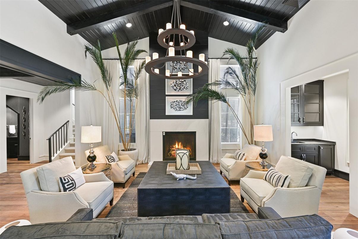 Fireplace, Interior, Living room, Pendant Lights, Recessed Lighting, Wooden Beams, Wooden Ceilings, Wood Texture Flooring