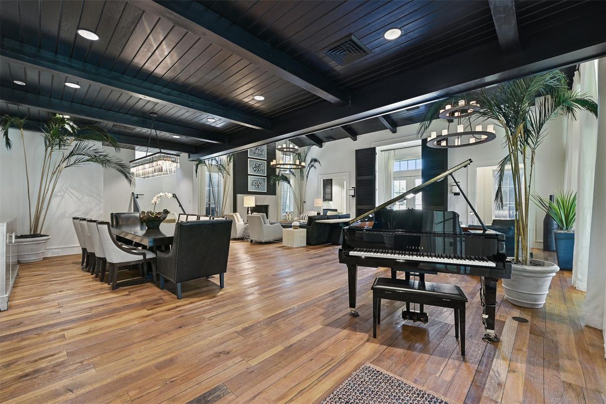 Dining room, Interior, Living room, Piano, Recessed Lighting, Wooden Beams, Wood Texture Flooring