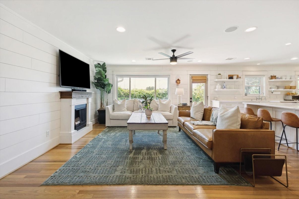 Fireplace, Interior, Living room, Recessed Lighting, Wood Texture Flooring