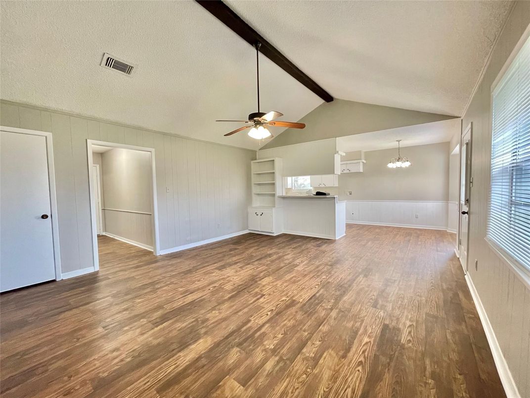 Empty room, Interior, Pendant Lights, Wood Texture Flooring