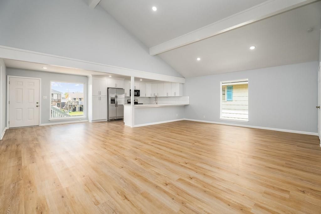 Empty room, Interior, Kitchen, Recessed Lighting, Wood Texture Flooring