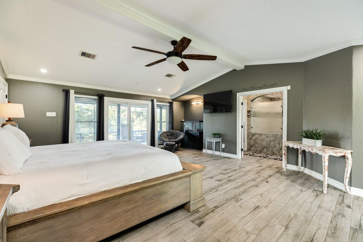 Bedroom, Interior, Recessed Lighting, Wood Texture Flooring