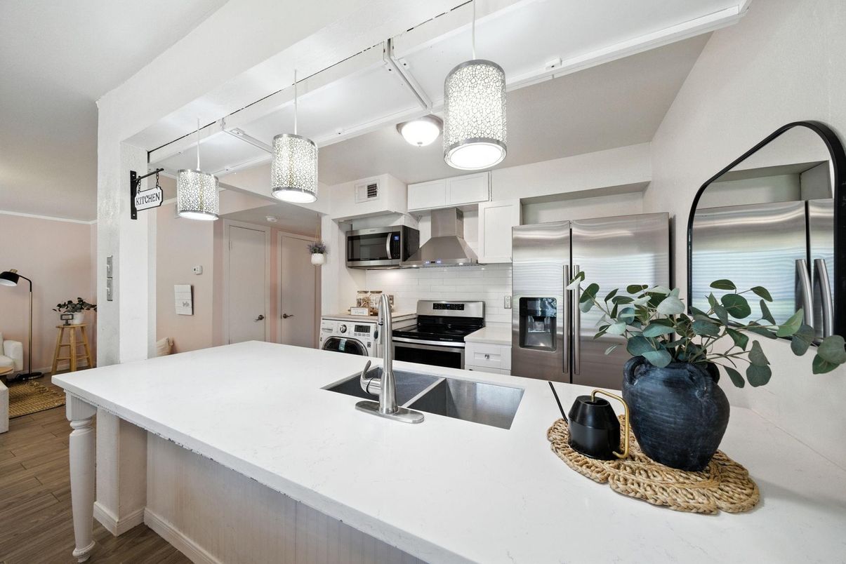 Interior, Kitchen, Pendant Lights, Stainless Steel Appliances, Wood Texture Flooring