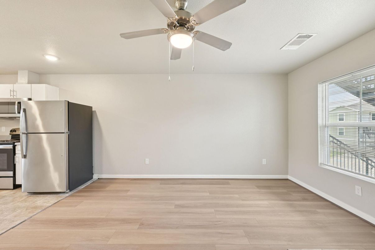 Empty room, Interior, Kitchen, Recessed Lighting, Wood Texture Flooring