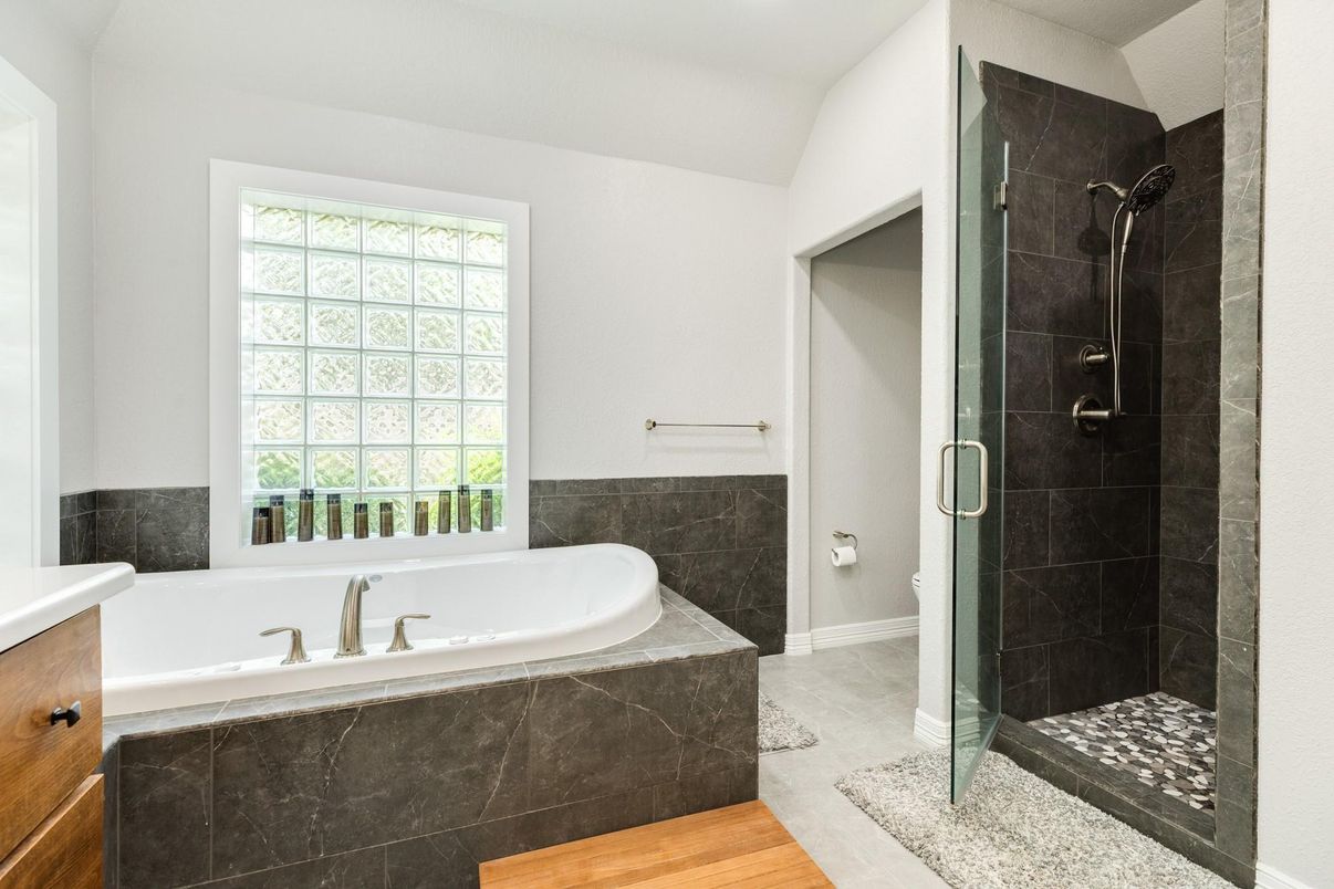 Bathroom, Glass Shower, Interior, Wood Texture Flooring