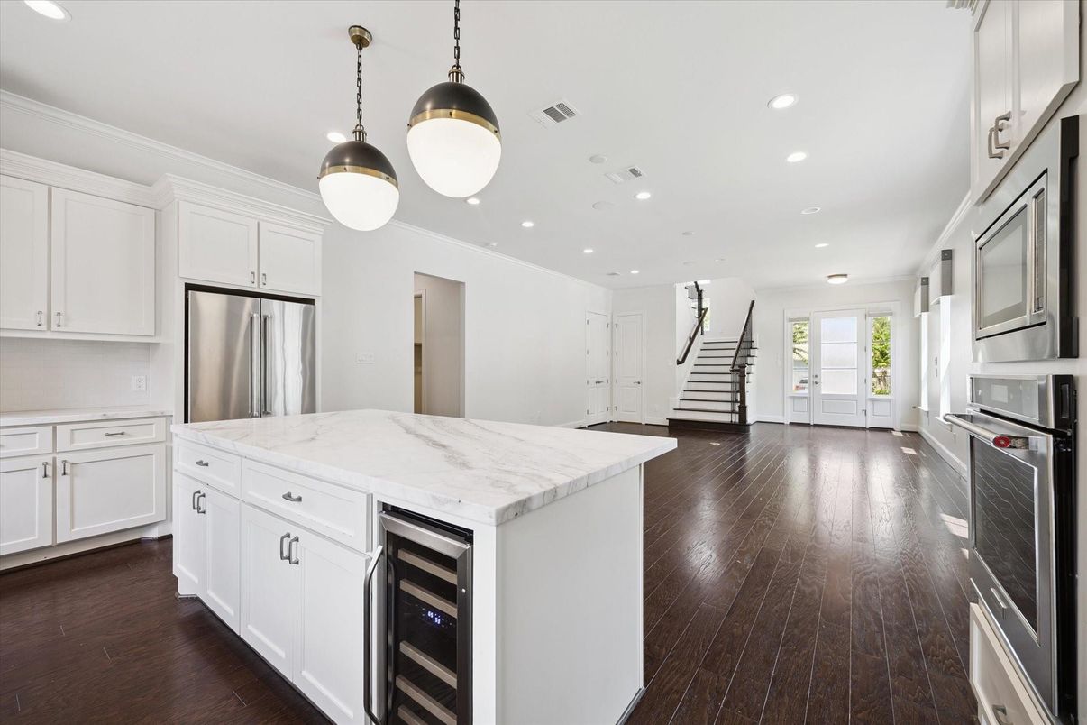 Interior, Kitchen, Pendant Lights, Recessed Lighting, Stainless Steel Appliances, Wood Texture Flooring