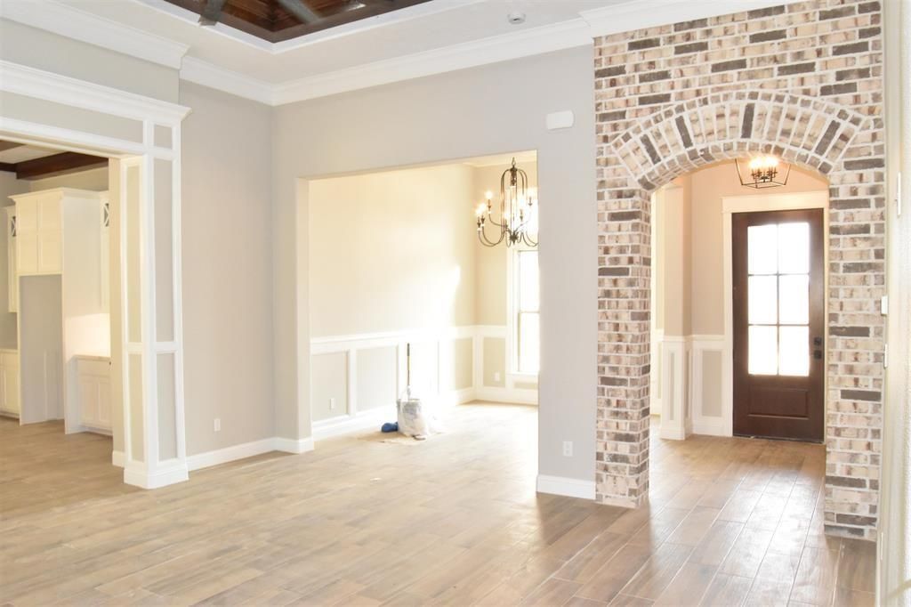 Chandelier, Empty room, Interior, Stone Walls, Wood Texture Flooring